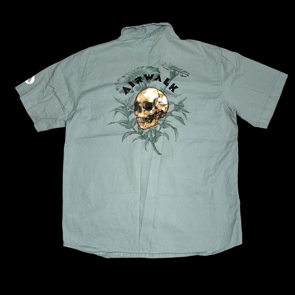 Airwalk Mens XL Sage Green Skull Floral Graphic Short Sleeve Button Down Shirt